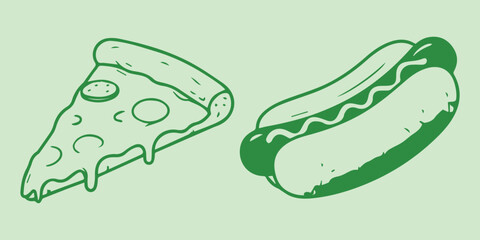 Slice of pizza and hot dog in green line art style, perfect for food concepts