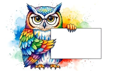 Fototapeta premium Colorful Owl Holding Sign, Watercolor Illustration, Blank Space