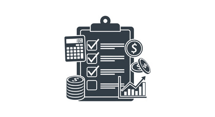 Financial planning and analysis concept with clipboard calculator checklist and graph silhouette