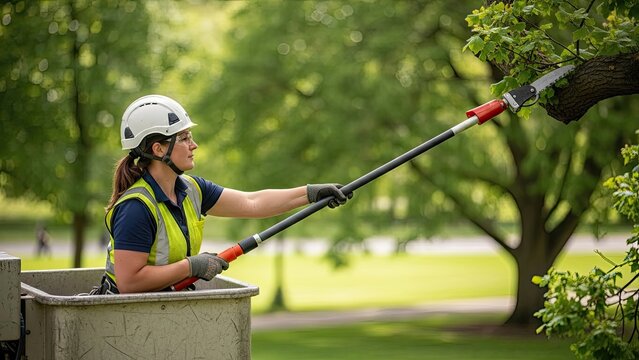Woman arborist in safety gear, pruning tree from bucket lift with pole saw