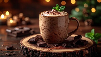 Cozy hot chocolate with whipped cream, cocoa shavings and fresh mint in a rustic mug