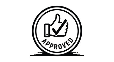 A circular graphic displaying an approving hand gesture with a checkmark and the word approved silhouette © nhpvect02