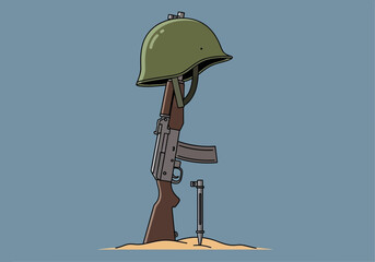 Obraz premium Military helmet and rifle stand upright in sand, symbolizing fallen soldier.