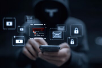 Naklejka premium Software scans mail for identity threats, risk messages sent to businessperson, firewall ensures total security