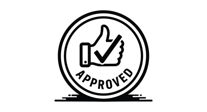 A circular graphic displaying an approving hand gesture with a checkmark and the word approved silhouette