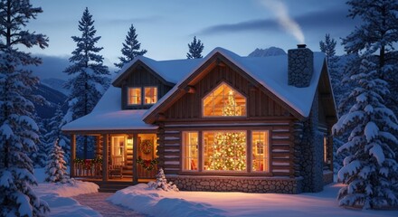Cozy illuminated log cabin nestled in a snowy winter forest setting with a bright Christmas tree visible inside