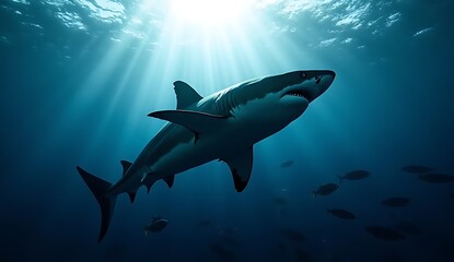 Obraz premium Apex Predator in the Deep Blue: Great White Shark Swimming Under Dazzling Ocean Sunbeams and Light Rays - Dramatic Underwater Wildlife Scene