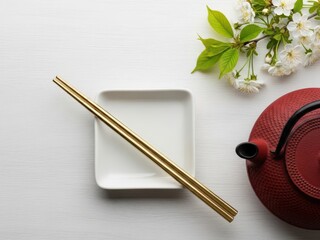 Golden chopstick on a white plate with a red teapot and flowers