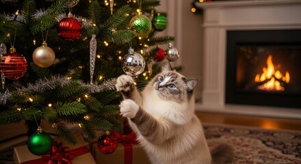 Playful ragdoll cat with bright blue eyes batting at a shiny silver ornament on a decorated christmas tree indoors