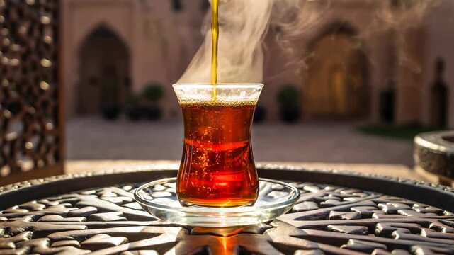 Traditional uae national day tea in clear glass cup with steam rising on ornate metal table, hot drink poured in sunlight, celebrating cultural heritage and hospitality outdoors
