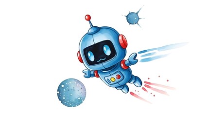 Cute Robot in Space Cartoon Futuristic, Friendly AI Illustration