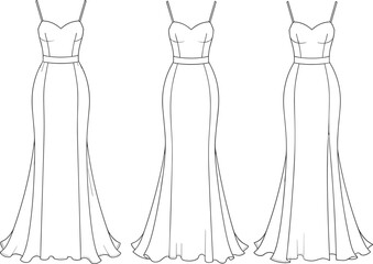 Mermaid or Trumpet Style Wedding Gown Technical Flat Sketch Fashion Illustration with Spaghetti Straps and Sweetheart Neckline Outline Template
