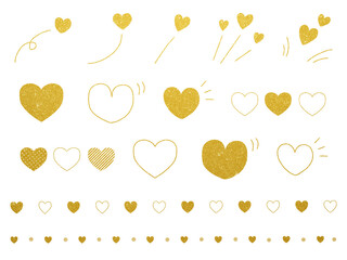 かわいい手描きハートの装飾セット・金色