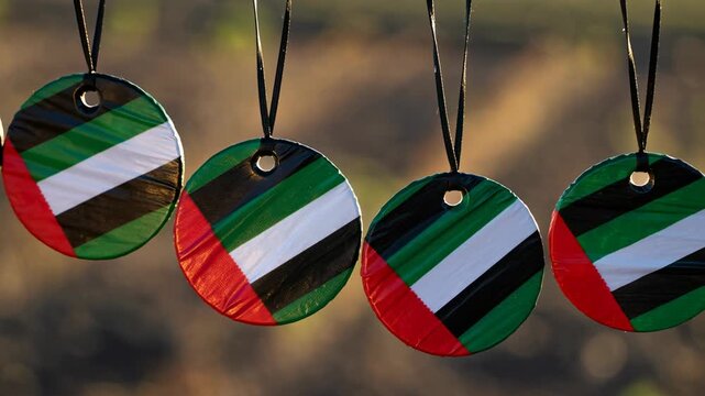 Uae national day celebration with round hanging ornament and pendant necklace featuring flag colors green red black white symbolizing unity and pride outdoors in festive atmosphere