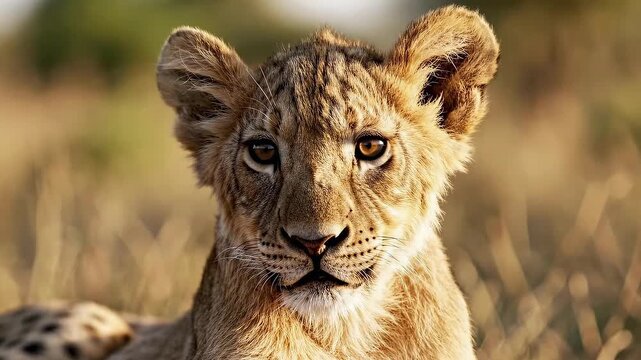Portrait Of A Young Lion Cub With Golden Eyes In Grassy Field Under Warm Sunlight With Shallow Depth Of Field And Detailed Fur