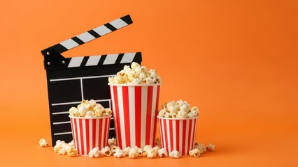 Film clapperboard and fresh popcorn in striped buckets on orange background