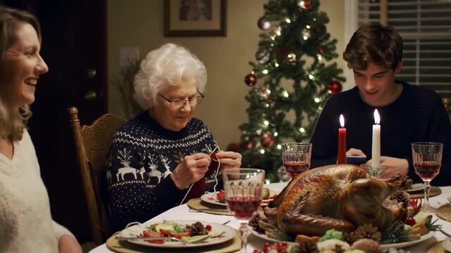 Family Christmas Dinner with Distracted Teenager on Phone.