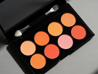 Makeup palette with various shades of blush on gray surface