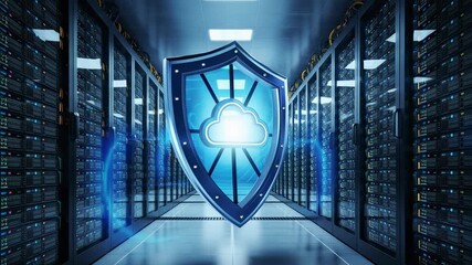 Cloud computing security concept featuring glowing shield and cloud icon in modern server room data center, emphasizing protection, technology innovation, and secure digital data center solutions - Powered by Adobe