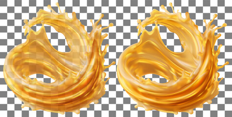 Forming swirling ring orange liquid oil a glossy realistic 3D vector surface isolated transparent grid background Ideal oil honez fruit juice concepts