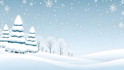 Snowy winter landscape with pine trees and snowflakes falling gently isolated on white background