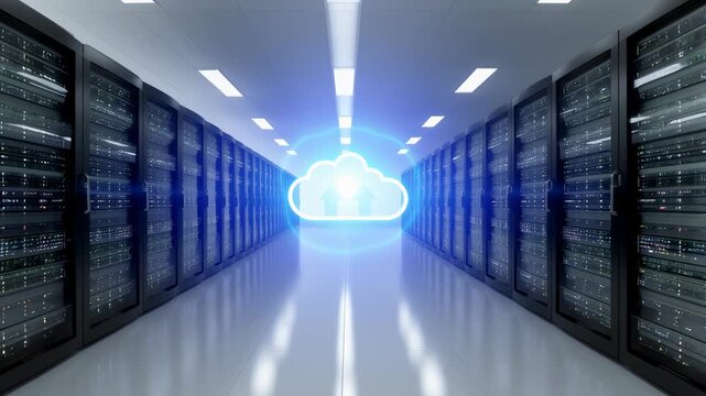 Cloud computing security concept with glowing cloud icon and arrow modern data center server room, digital technology infrastructure, secure data storage, network protection, futuristic innovation