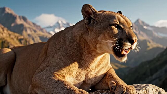 Majestic Cougar Resting On Rock Under Warm Sunlight In The Mountains With Blue Sky And Snowy Peaks As Backdrop Animal Portrait