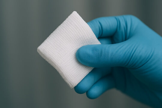 Medical assistant hand in blue glove holding a folded sterile white gauze sponge pad for surgical cleaning