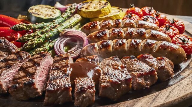 A delicious platter of grilled steak, sausages, and vibrant vegetables including asparagus, zucchini, cherry tomatoes, and red onions, perfect for a...
