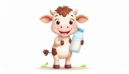 Fototapeta premium Cute Cow Cartoon Holding Milk Bottle
