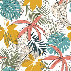 Seamless Tropical Leaves Pattern in Modern Botanical Style