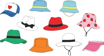 Different types of hats illustration set including bucket hat, fedora, cap and visor in colorful flat style