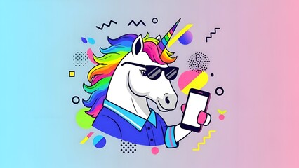 Unicorn Selfie Cartoon Cool, Trendy, Mobile, Rainbow Mane