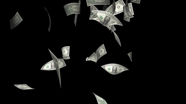 Flying US Dollar Banknotes Falling in Air Isolated on Black Background Money Wealth Concept