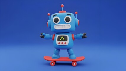 Cute Robot Skateboarder Cartoon Robot on Skateboard, 3D Render