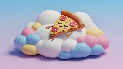 Pizza Slice Sleeping on Cloud, Cartoon Food Dream, Cute