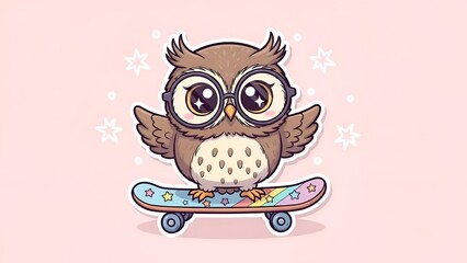 Cute Owl Skateboarder Cartoon Kawaii Animal Illustration