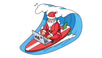 Santa Surfing, Working on Laptop Christmas Holiday Illustration