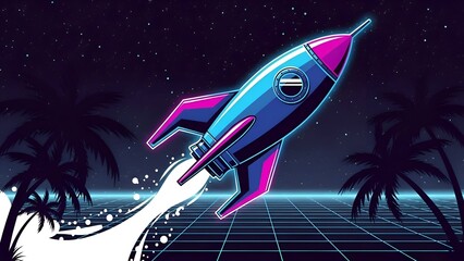 Retro Rocket Launch Illustration 80s Style Space Travel