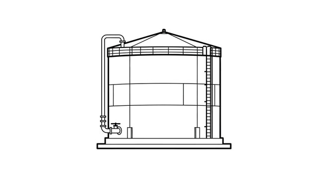 A detailed black and white line drawing of an industrial storage tank a striking silhouette