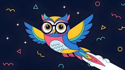 Owl Rocket Illustration Colorful Cartoon Bird Flying in Space