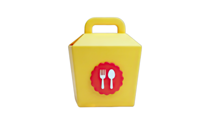 Yellow Takeout Box with Fork and Spoon Icon on White