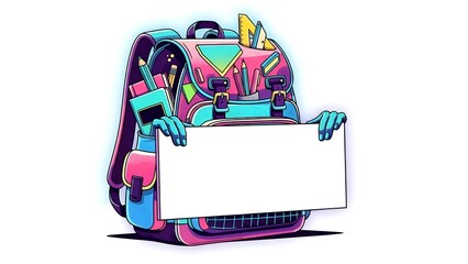 Backpack Sign, School Supplies, Education, Colorful Illustration