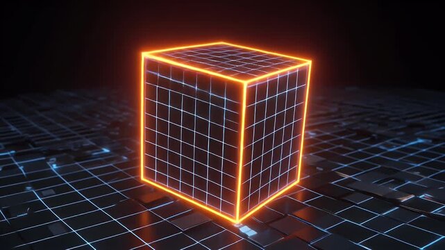 A glowing orange wireframe cube stands on a dark, futuristic grid surface, emanating a digital and abstract technological presence.