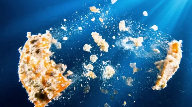 A vibrant frogfish camouflaged in the ocean, viewed from directly above, surrounded by blue water and sunlight.