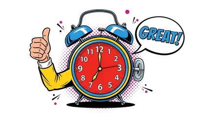 Alarm Clock Thumbs Up Great Time, Deadline, Success, Cartoon