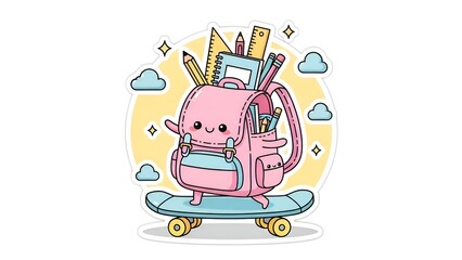Cute Backpack on Skateboard Back to School Kawaii Illustration