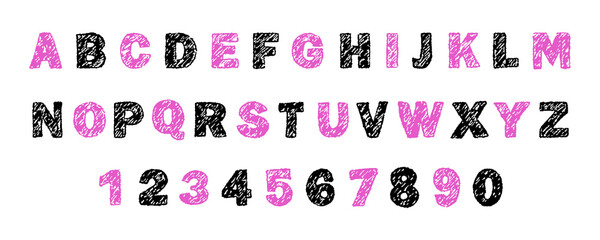 English alphabet crayon. Bold and playful font. Scribble texture for headlines and designs for children, parties or education. Vector illustration.
