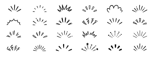 Hand drawn line art bursts with surprise rays and sparkles. Doodle hand drawn starburst icons shine bright. Surprise shapes for comic effects, manga splash, cartoon decorations. Vector illustration