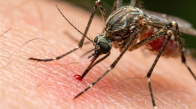 Close-up shot of a mosquito biting human skin, with a visible drop of blood being drawn.